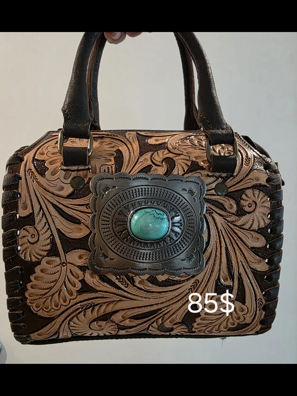 Hand-Tooled Brown Leather Satchel with Turquoise Concho
